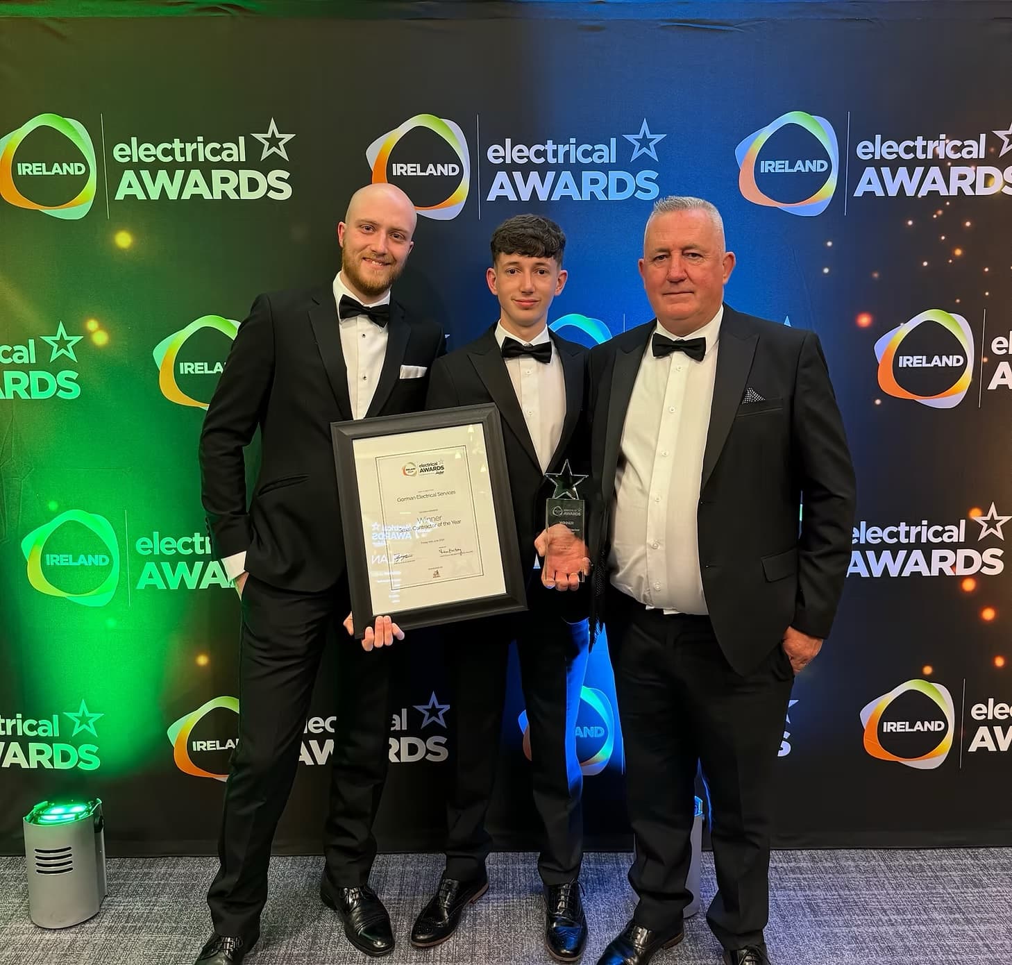 Gorman Electrical Services team receiving Best Small Electrical Contractor award at Electrical Awards Ireland 2024