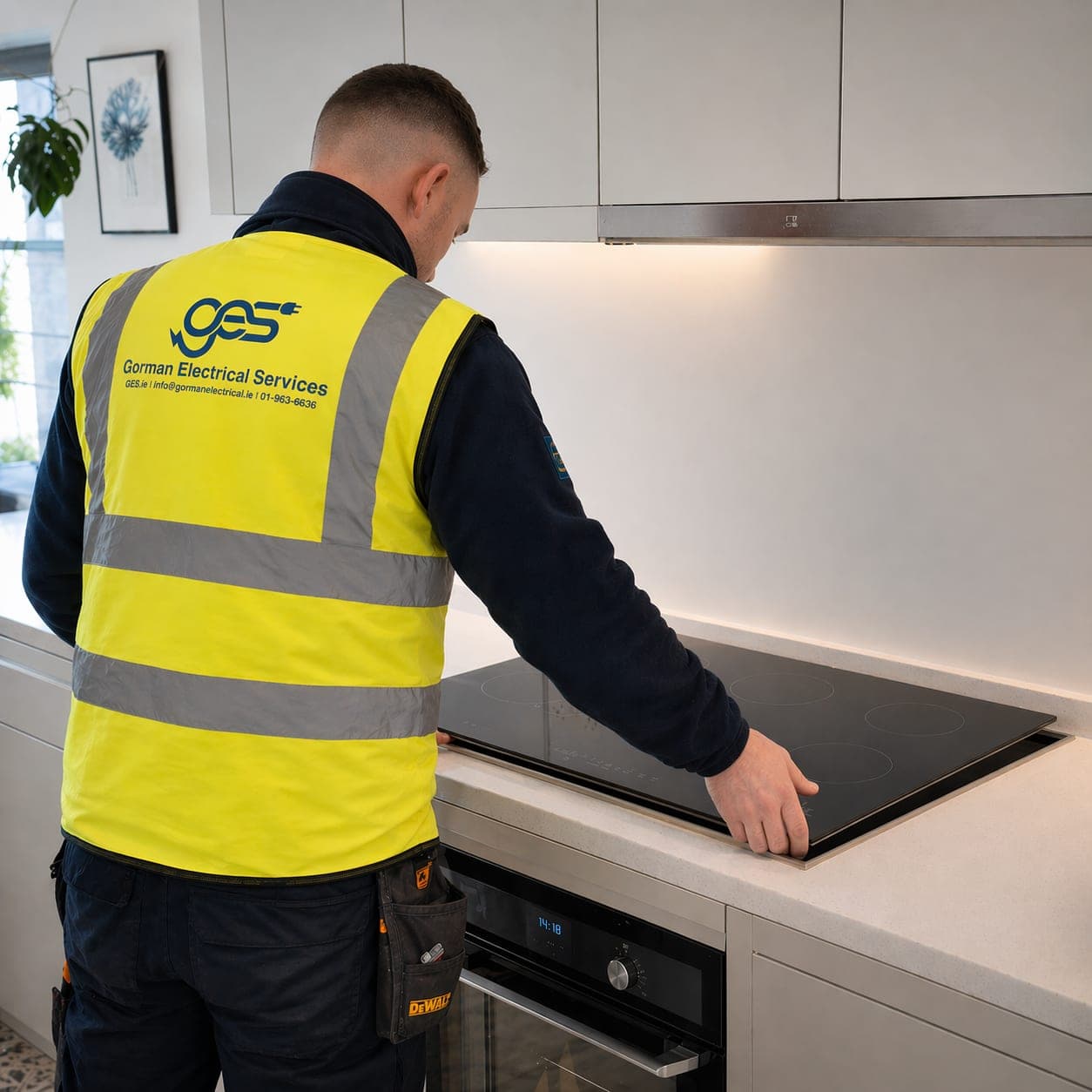 Gorman Electrical Services electrician installing a kitchen induction hob in a Dublin home — residential electrical fit-out