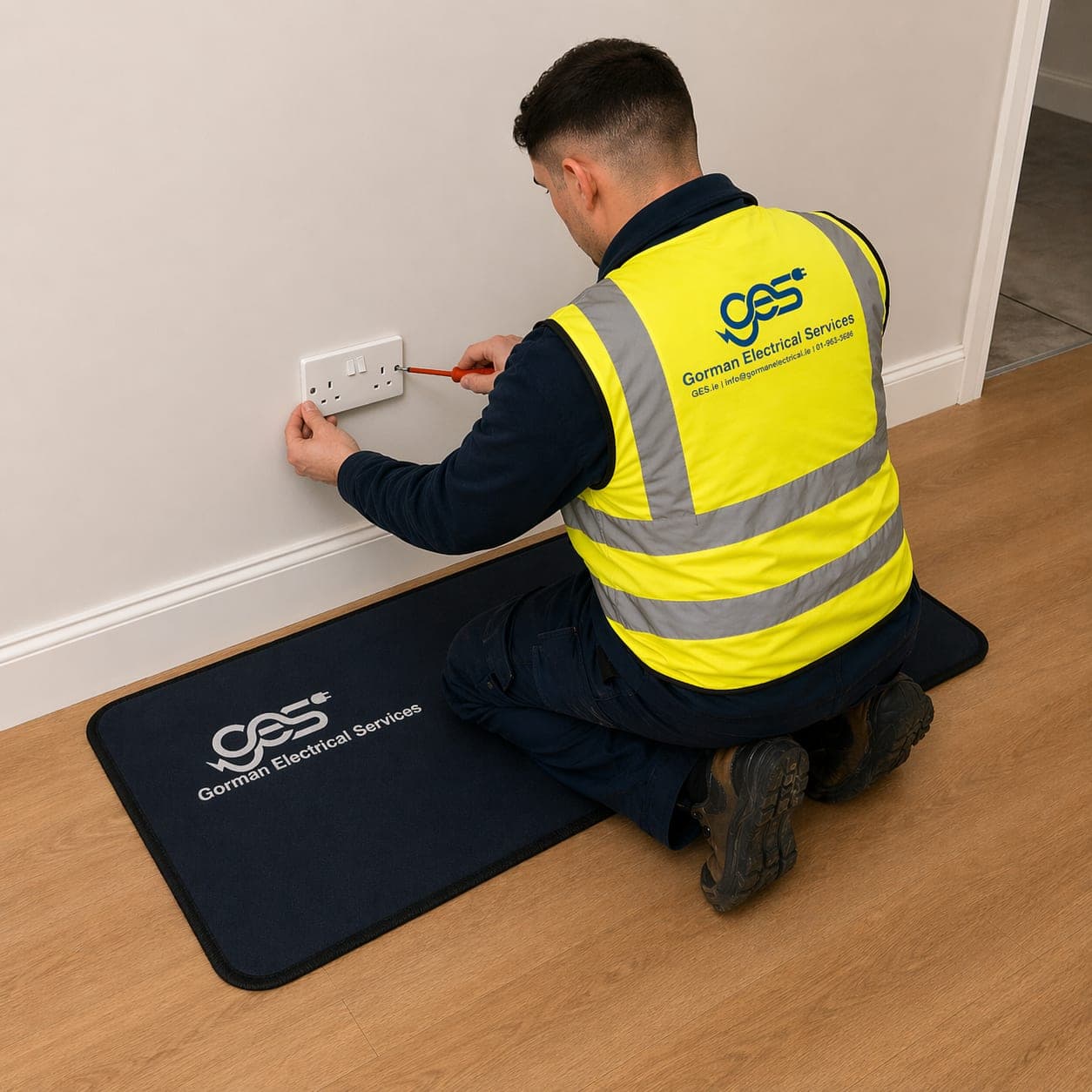 GES electrician kneeling on a branded protection mat while installing a socket outlet — clean, tidy work during a Dublin rewire