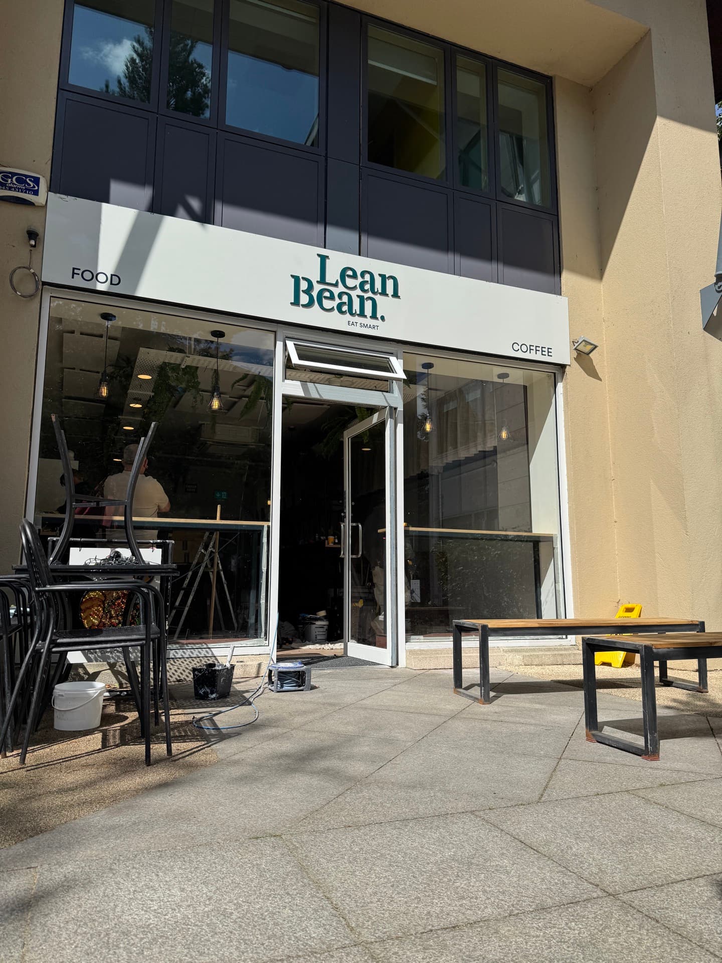 Lean Bean Coffee exterior storefront in City West showing completed signage and exterior lighting installation